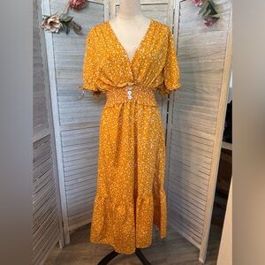 Saffron Yellow Women’s 2X DitsyFloral MaxiDress, Vneck, Smocked Waist by Indulge